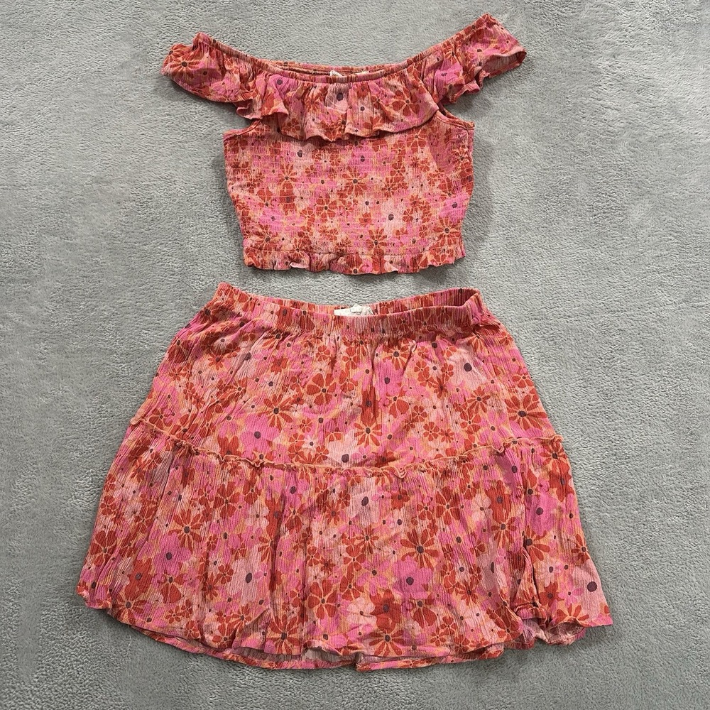Hippie Rose Top Skirt Set of 2 Women's S Pink Red Floral Summer Ruffle Cute